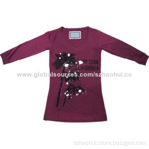 Ladies' Printed 3/4 Sleeves T-shirt, Body-fit Style, OEM Services Available